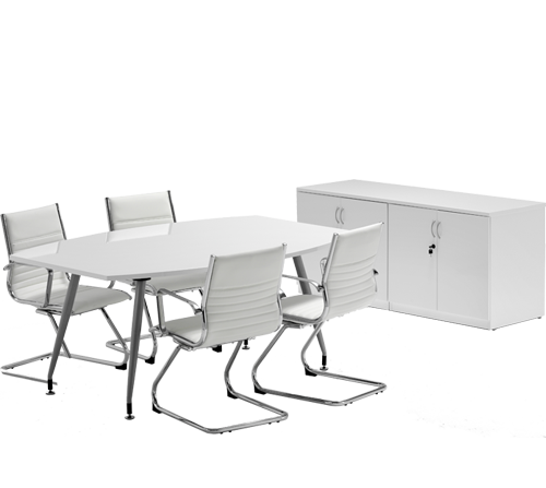 White table 180cm with Ritz Ivory chair and white Credenza